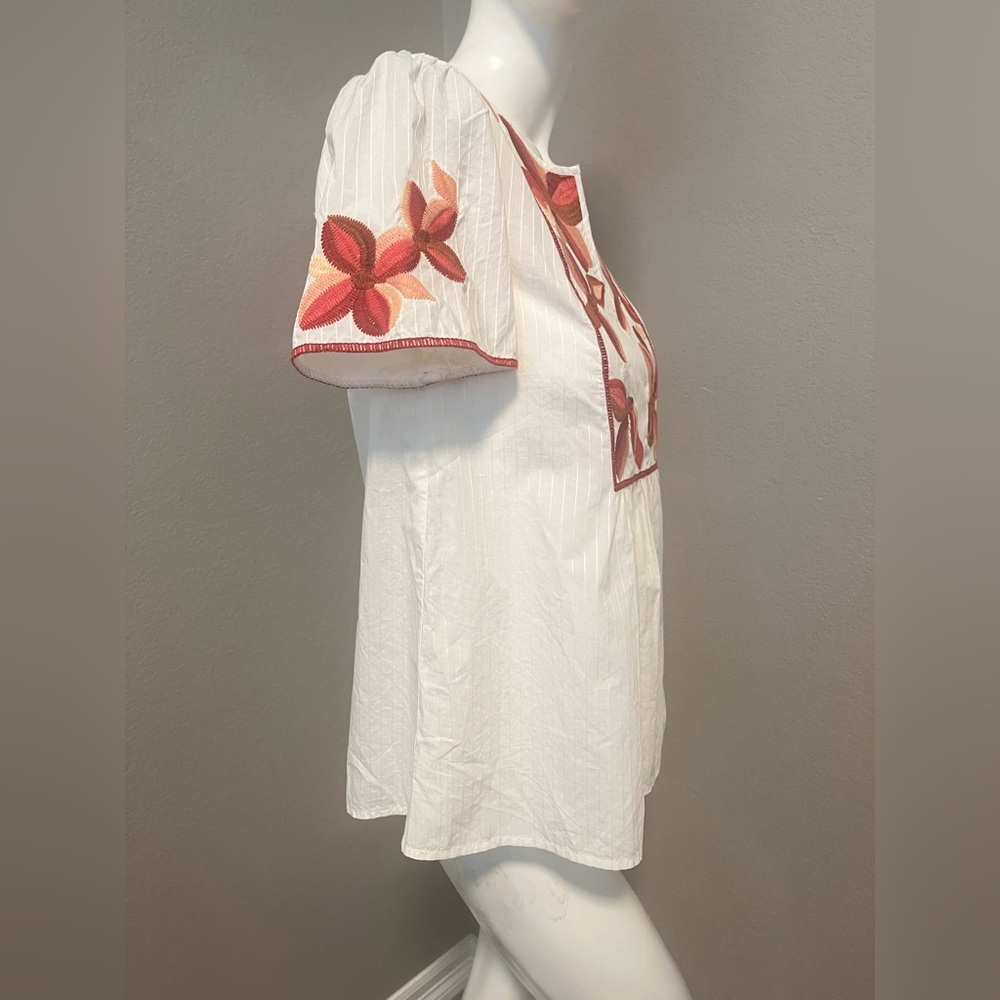 Madewell Women’s V- Neck SS White/ Red Floral Embroidery Top Blouse Size XXS - Picture 4 of 11